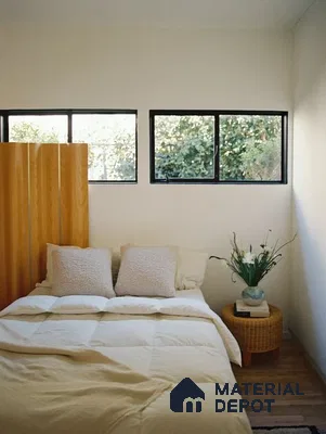 A room filled with lots of windows and plants on top of it's sides in the floor next to a wooden floor plan for a window filled with lots of a small house with lots of the side of